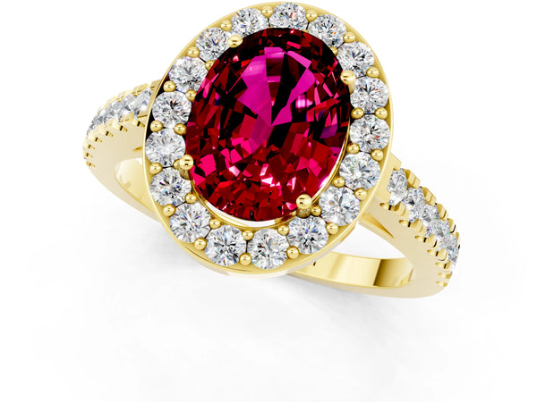 Yellow gold Oval Cut Garnet Halo Ring with Round Pavé Split Shank and Prong Setting