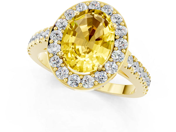 Yellow gold Oval Cut Yellow Sapphire Halo Ring with Round Pavé Split Shank and Prong Setting