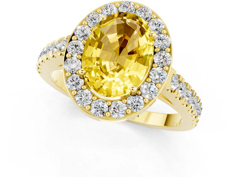 Yellow gold Oval Cut Halo Diamond Ring with Pavé Band and Three-Prong Setting_1