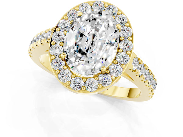 Yellow gold Oval Cut Moissanite Halo Ring with Round Pavé Split Shank and Prong Setting