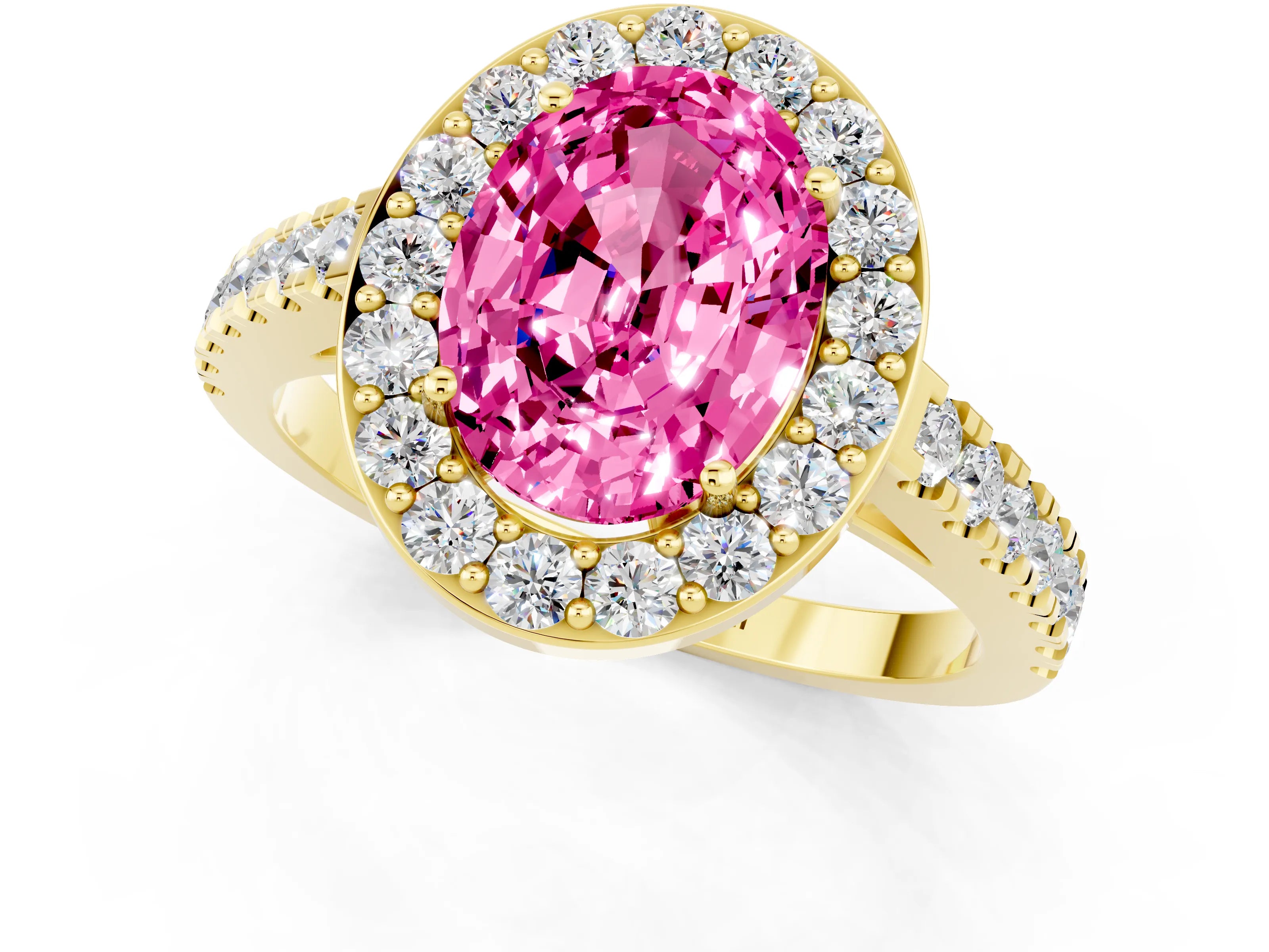 Yellow gold Oval Cut Halo Diamond Ring with Pavé Band and Three-Prong Setting_1