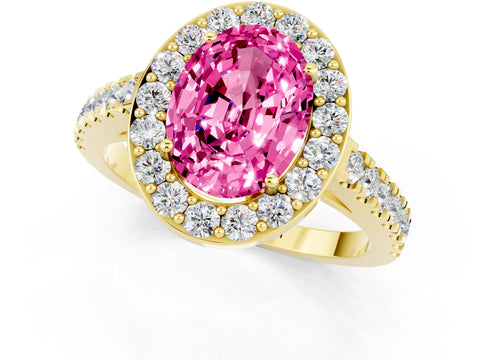 Yellow gold Oval Cut Halo Diamond Ring with Pavé Band and Three-Prong Setting_1