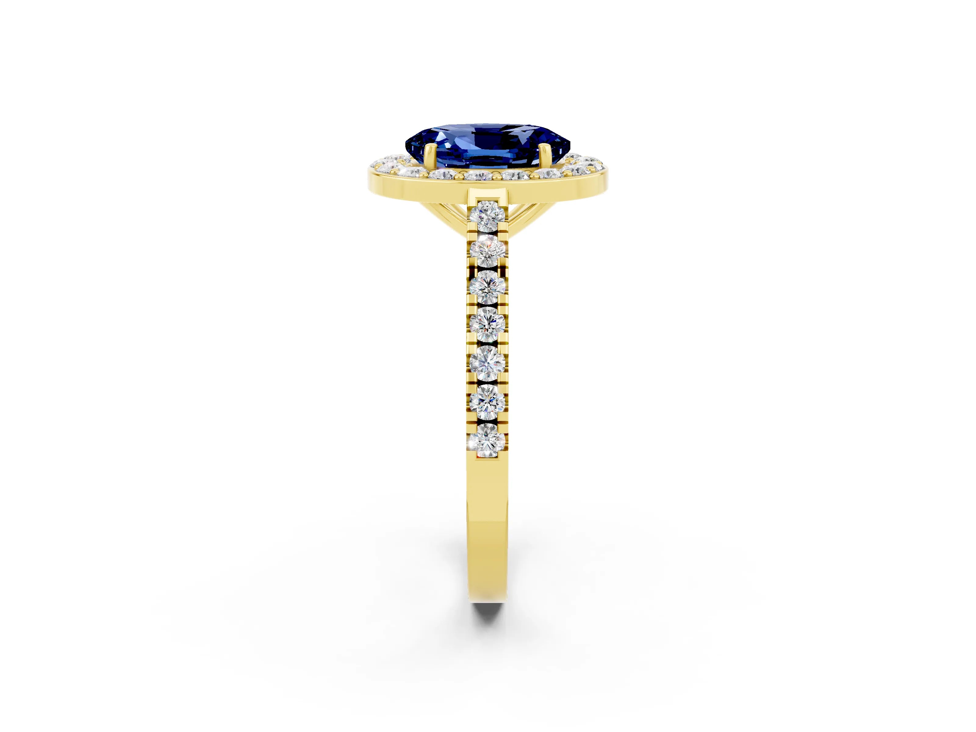 Yellow gold Oval Cut Halo Diamond Ring with Pavé Band and Three-Prong Setting_2