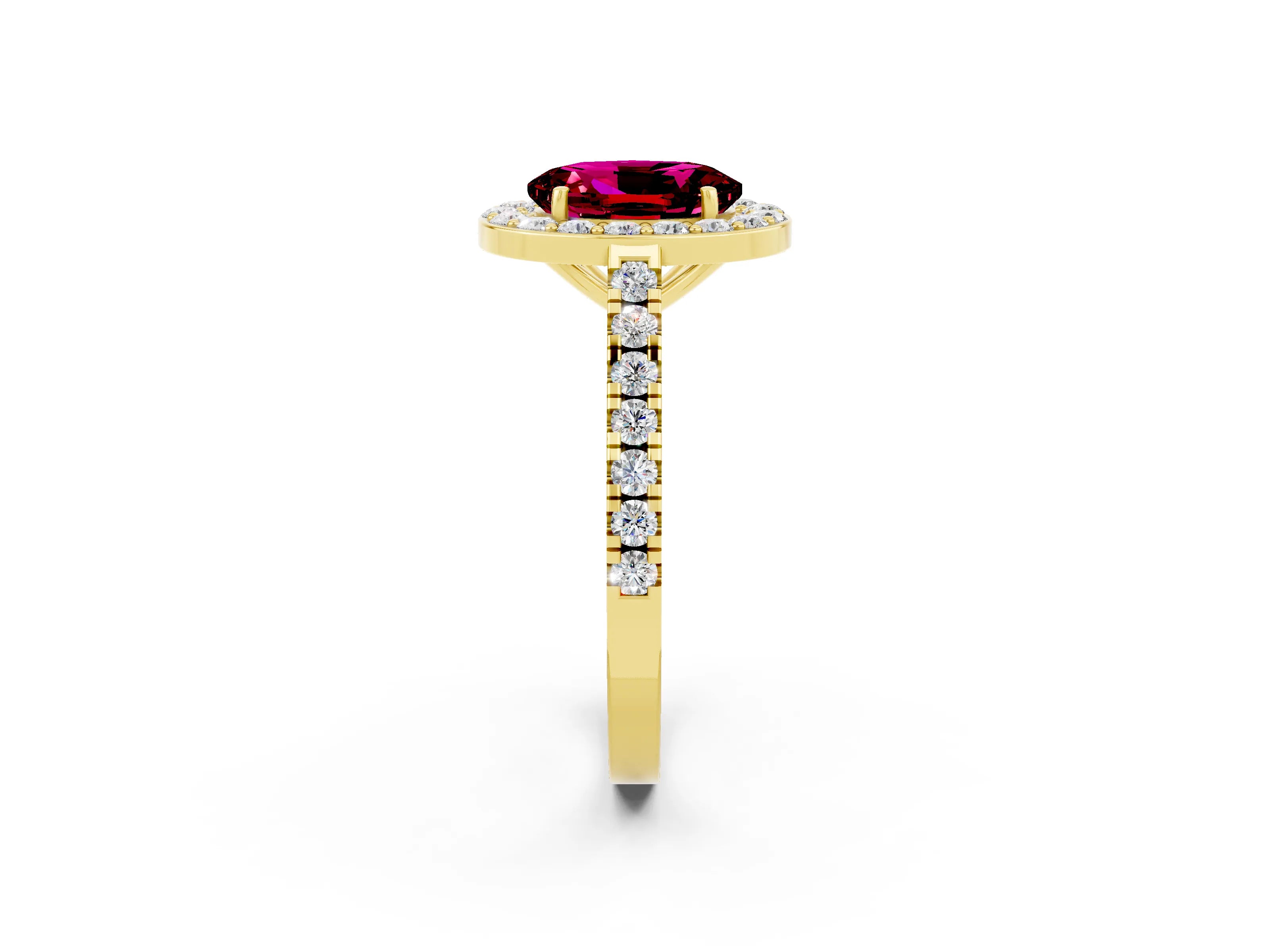 Yellow gold Oval Cut Halo Diamond Ring with Pavé Band and Three-Prong Setting_2