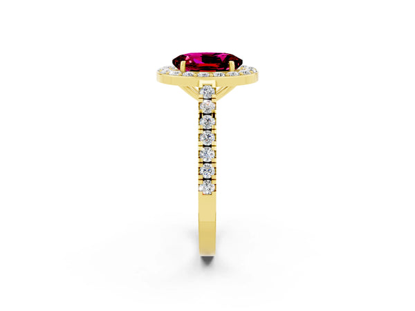 Yellow gold Oval Cut Garnet Halo Ring with Round Pavé Split Shank and Prong Setting