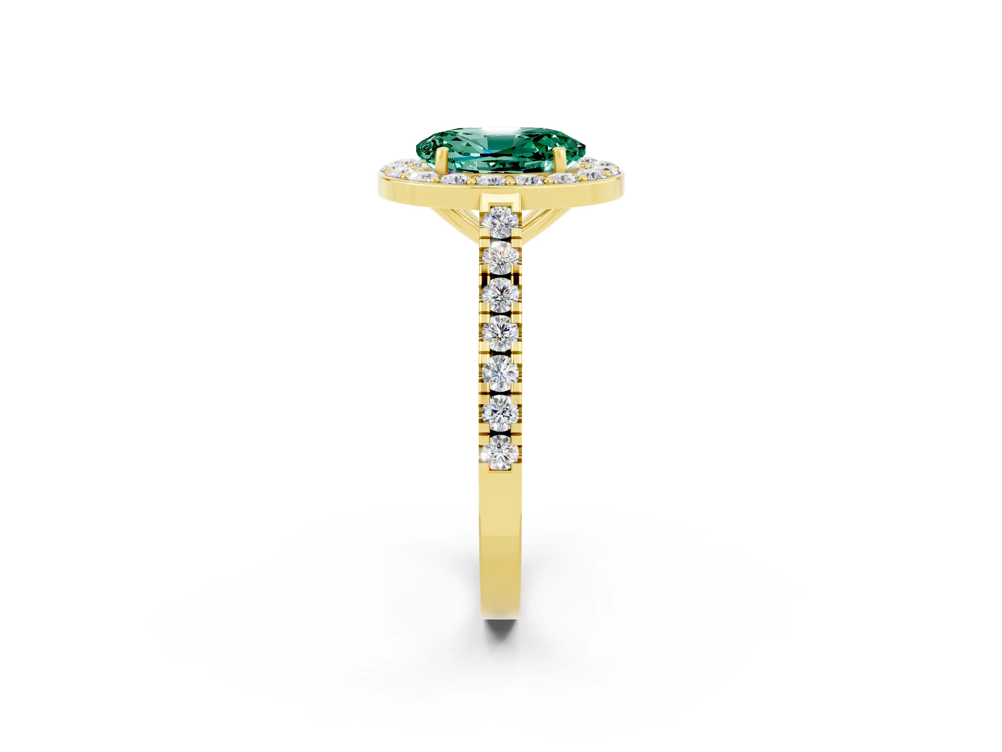 Yellow gold Oval Cut Halo Diamond Ring with Pavé Band and Three-Prong Setting_2