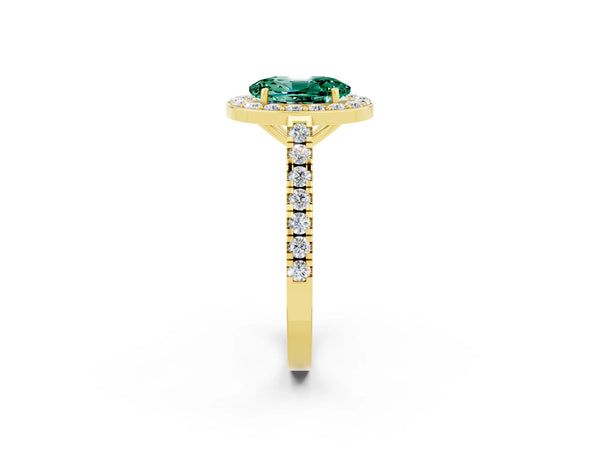 Yellow gold Oval Cut Green Sapphire Halo Ring with Round Pavé Split Shank and Prong Setting