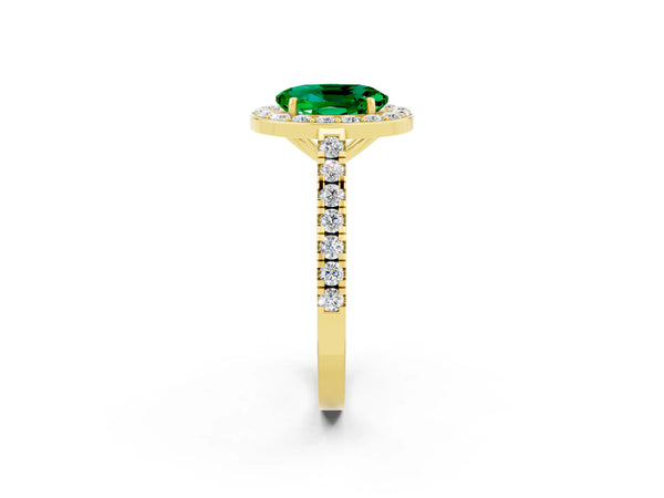 Yellow gold Oval Cut Emerald Halo Ring with Round Pavé Split Shank and Prong Setting