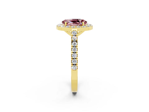 Yellow gold Oval Cut Halo Diamond Ring with Pavé Band and Three-Prong Setting_2