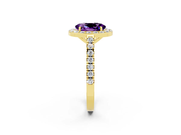 Yellow gold Oval Cut Amethyst Halo Ring with Round Pavé Split Shank and Prong Setting