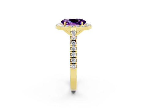 Yellow gold Oval Cut Halo Diamond Ring with Pavé Band and Three-Prong Setting_2