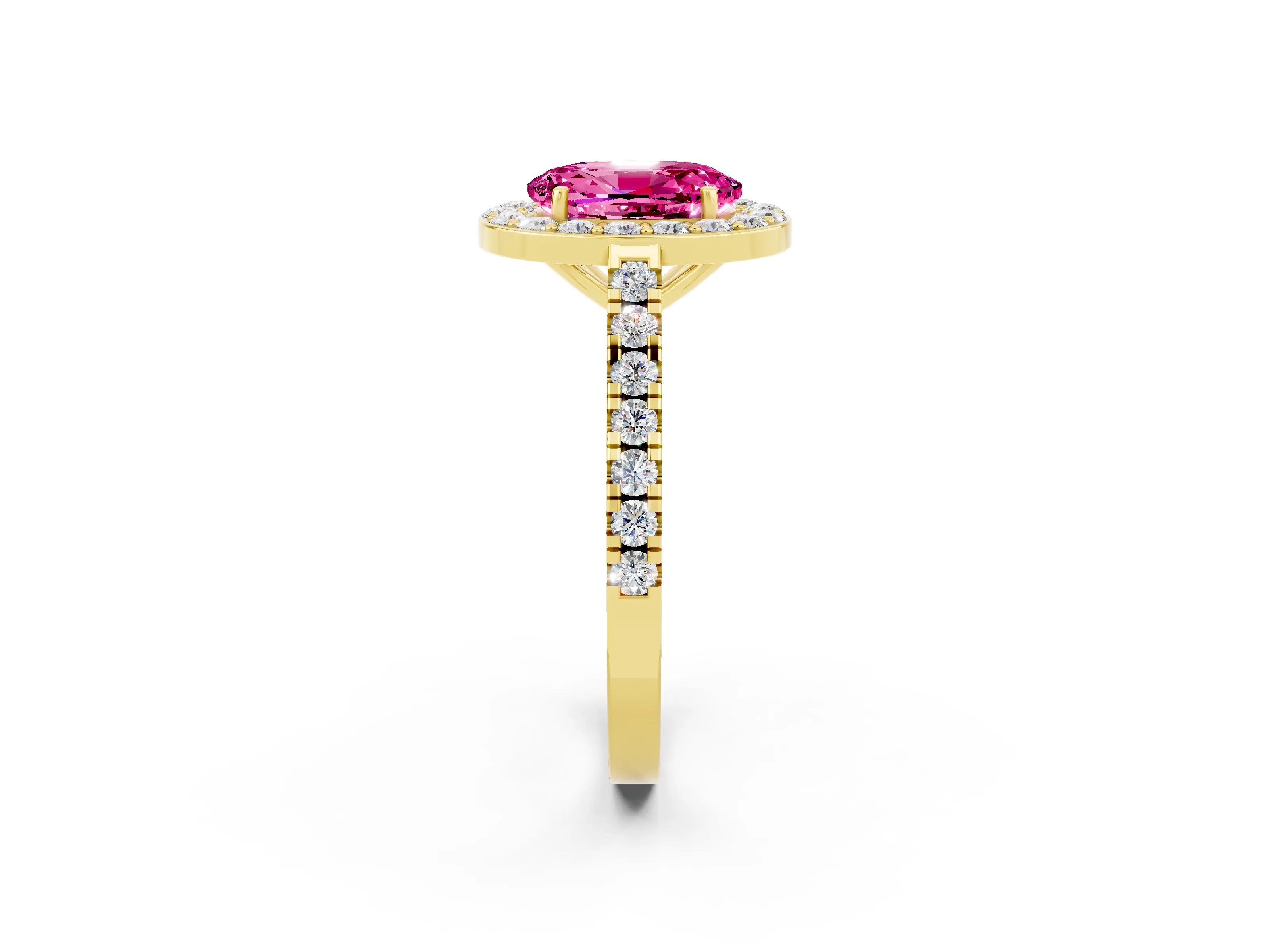 Yellow gold Oval Cut Halo Diamond Ring with Pavé Band and Three-Prong Setting_2