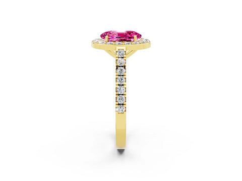 Yellow gold Oval Cut Halo Diamond Ring with Pavé Band and Three-Prong Setting_2