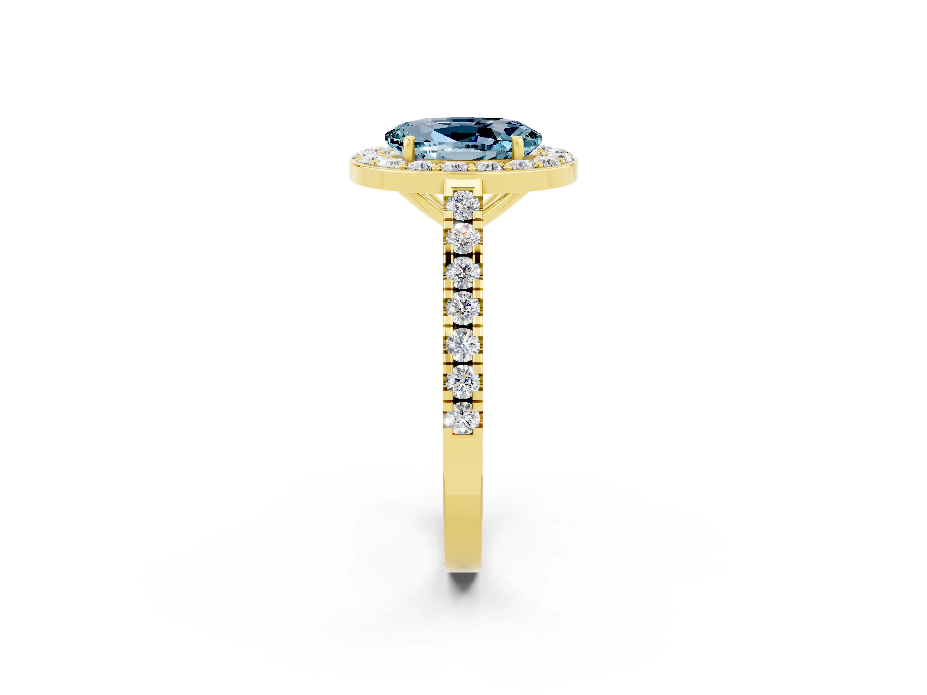 Yellow gold Oval Cut Halo Diamond Ring with Pavé Band and Three-Prong Setting_2