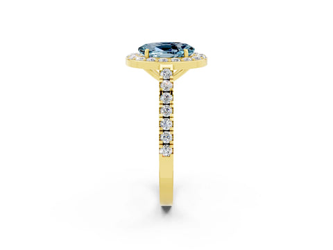 Yellow gold Oval Cut Halo Diamond Ring with Pavé Band and Three-Prong Setting_2