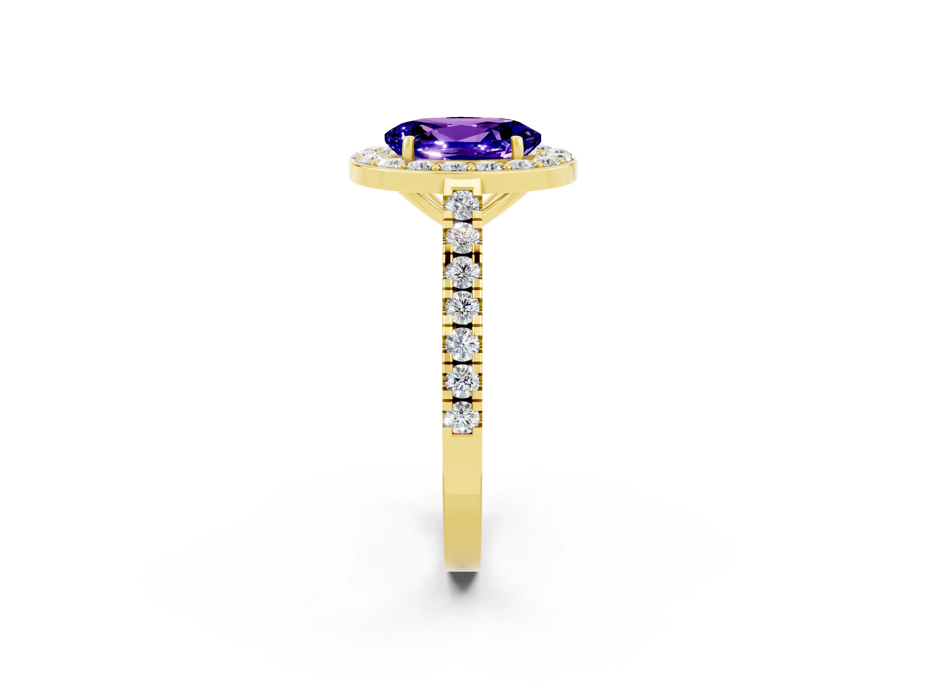 Yellow gold Oval Cut Halo Diamond Ring with Pavé Band and Three-Prong Setting_2