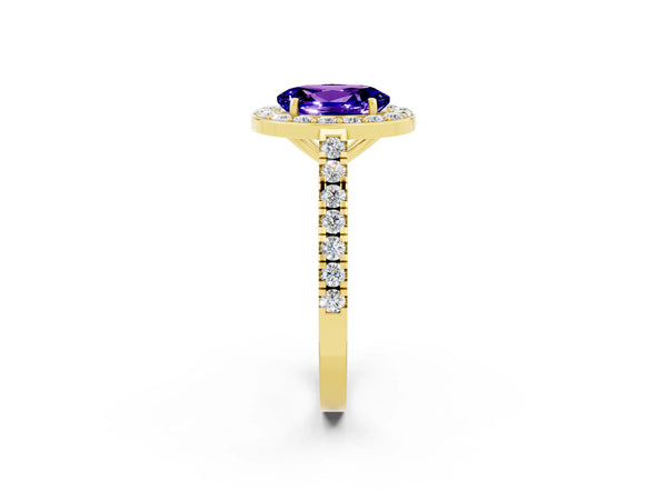 Yellow gold Oval Cut Tanzanite Halo Ring with Round Pavé Split Shank and Prong Setting