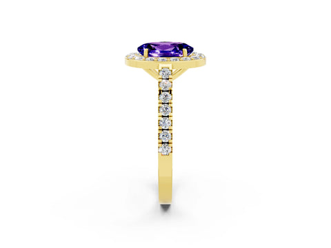 Yellow gold Oval Cut Halo Diamond Ring with Pavé Band and Three-Prong Setting_2