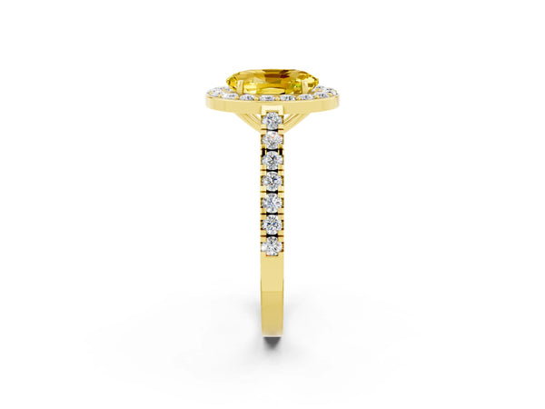 Yellow gold Oval Cut Yellow Sapphire Halo Ring with Round Pavé Split Shank and Prong Setting