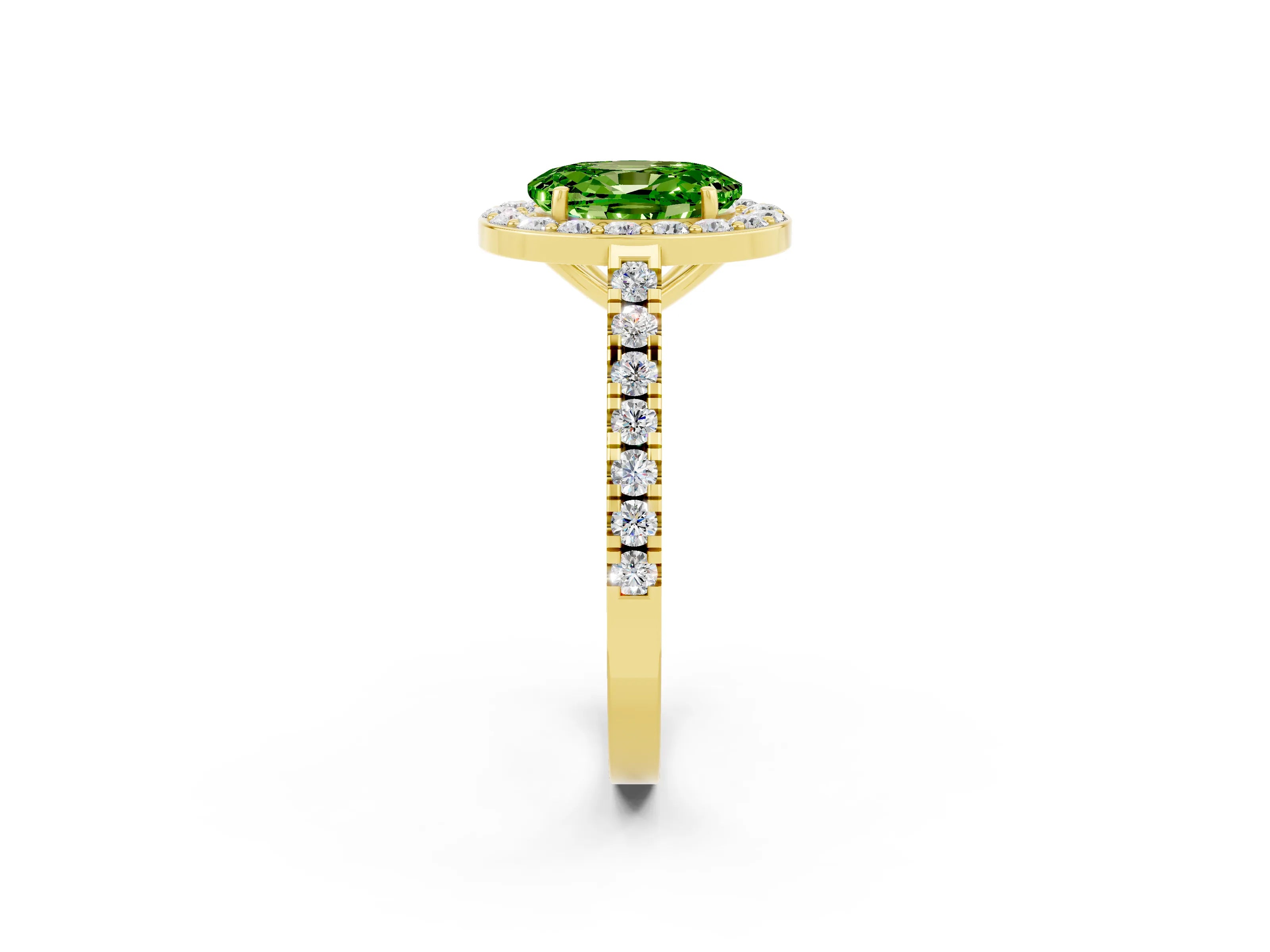 Yellow gold Oval Cut Halo Diamond Ring with Pavé Band and Three-Prong Setting_2