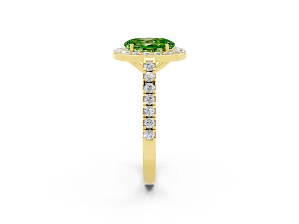 Yellow gold Oval Cut Halo Diamond Ring with Pavé Band and Three-Prong Setting
