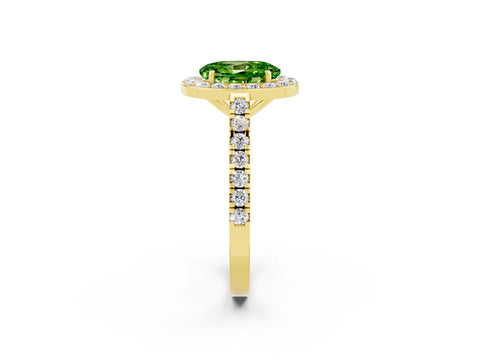Yellow gold Oval Cut Halo Diamond Ring with Pavé Band and Three-Prong Setting_2