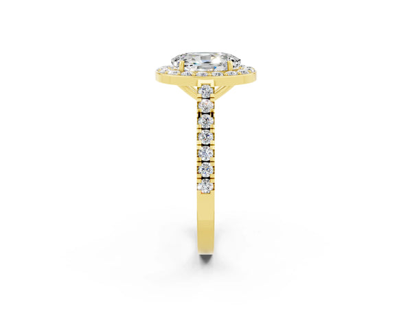 Yellow gold Oval Cut Moissanite Halo Ring with Round Pavé Split Shank and Prong Setting
