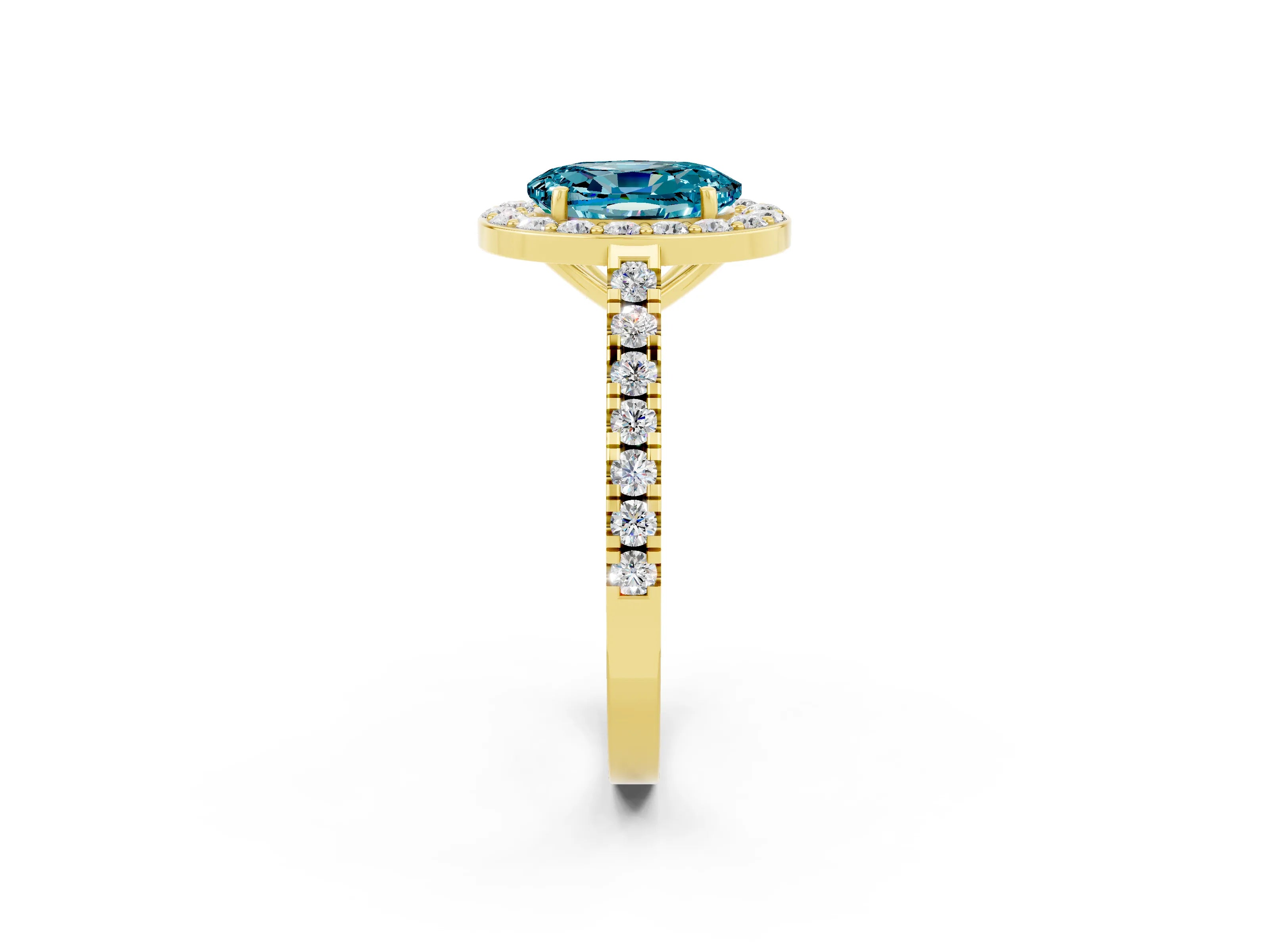 Yellow gold Oval Cut Halo Diamond Ring with Pavé Band and Three-Prong Setting_2