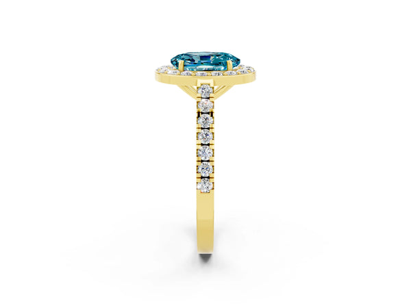 Yellow gold Oval Cut Halo Diamond Ring with Pavé Band and Three-Prong Setting
