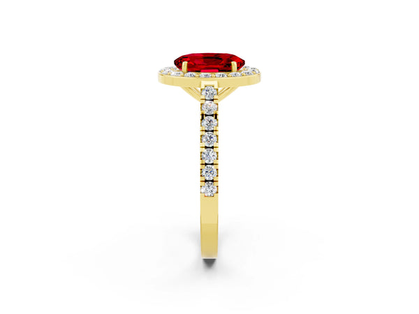 Yellow gold Oval Cut Ruby Halo Ring with Round Pavé Split Shank and Prong Setting
