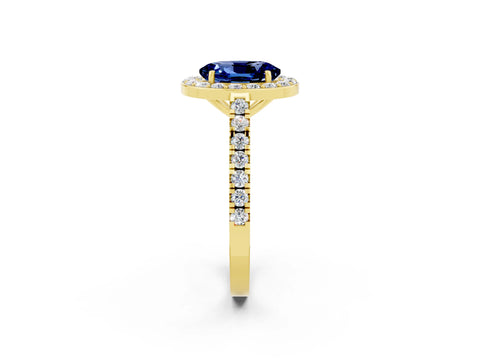 Yellow gold Oval Cut Halo Diamond Ring with Pavé Band and Three-Prong Setting_2