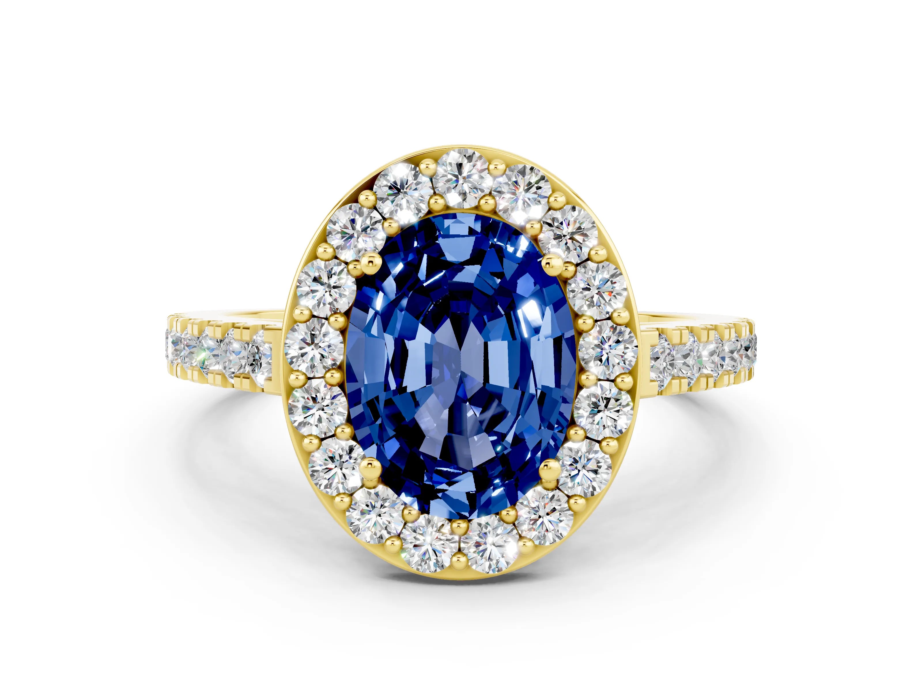 Yellow gold Oval Cut Halo Diamond Ring with Pavé Band and Three-Prong Setting