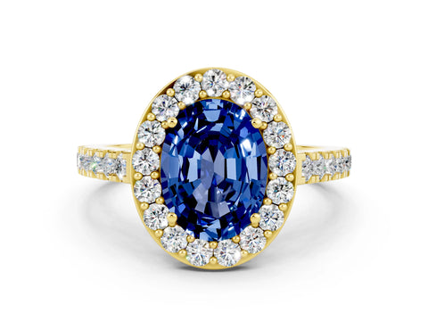Yellow gold Oval Cut Halo Diamond Ring with Pavé Band and Three-Prong Setting