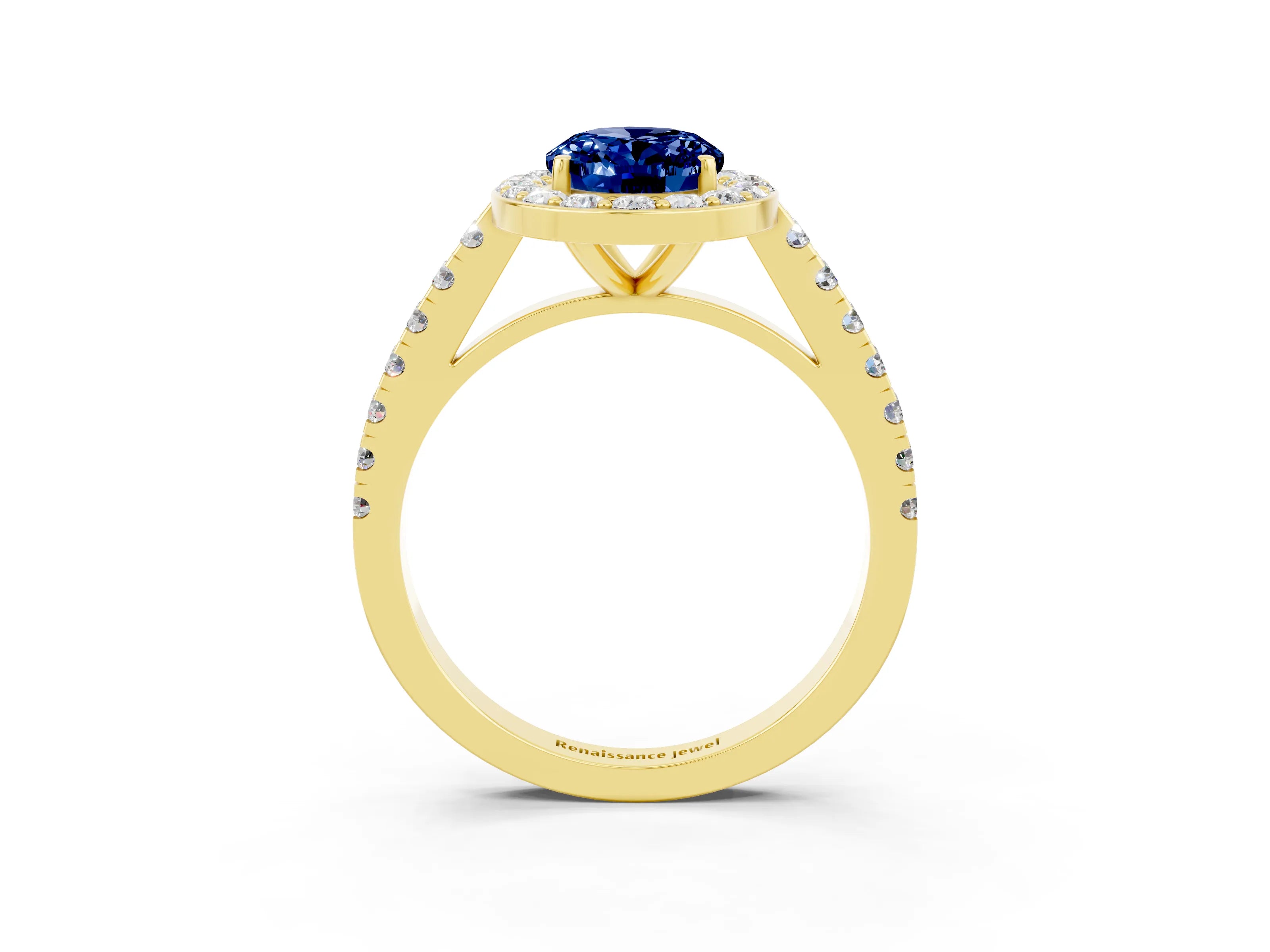 Yellow gold Oval Cut Halo Diamond Ring with Pavé Band and Three-Prong Setting_3