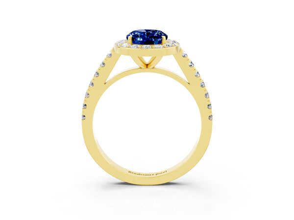 Yellow Gold Oval Lab-Grown Blue Sapphire Halo Engagement Ring with Shared Prong Pave Band