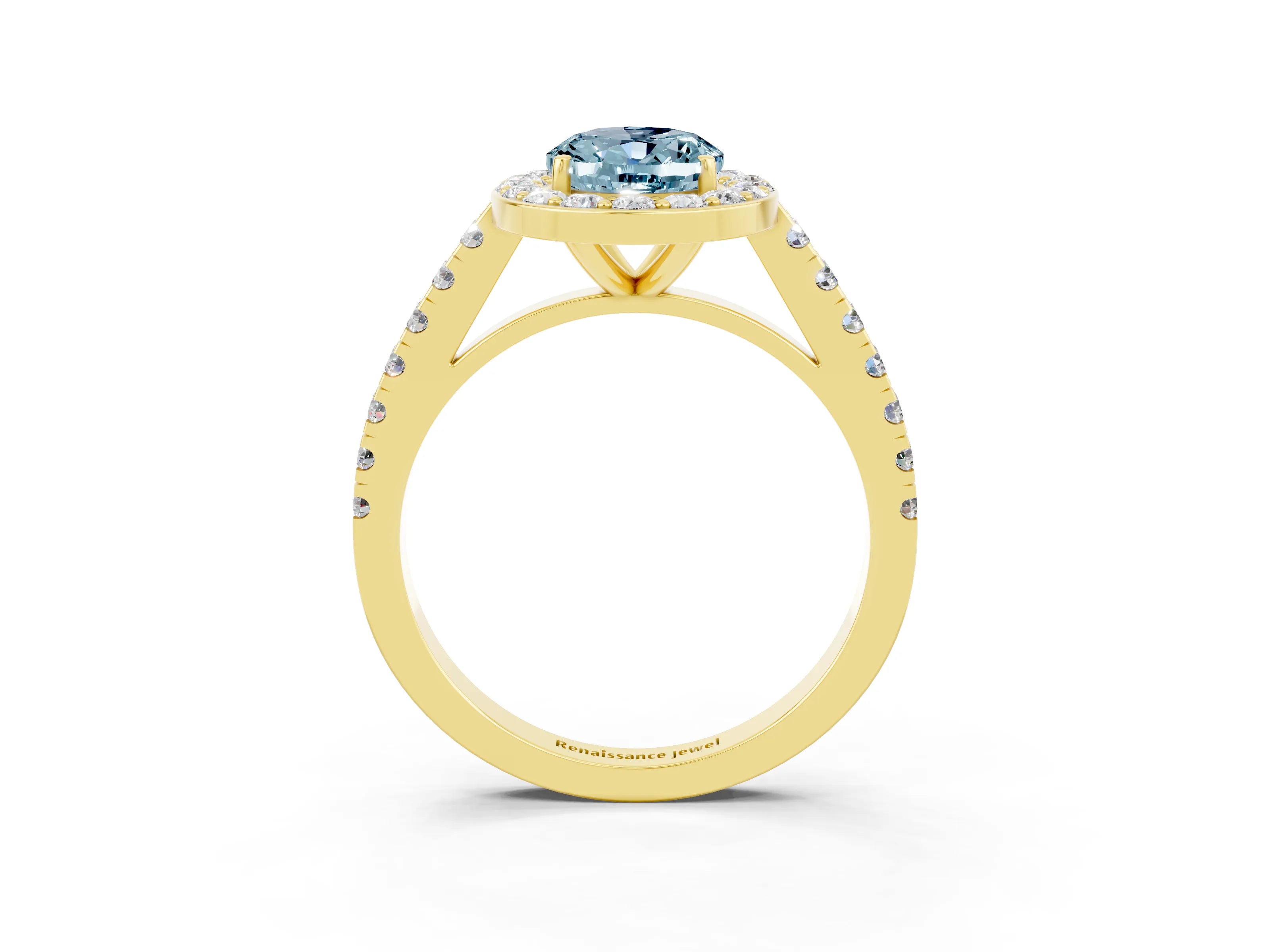 Yellow gold Oval Cut Halo Diamond Ring with Pavé Band and Three-Prong Setting_3