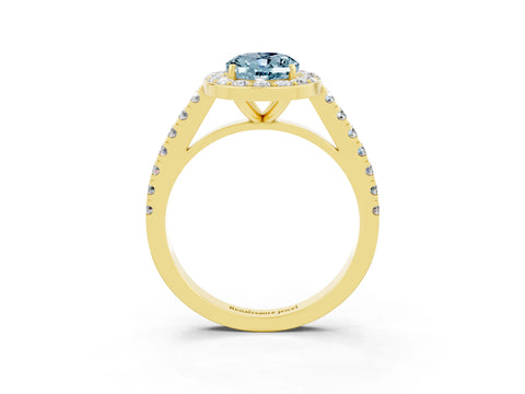 Yellow gold Oval Cut Halo Diamond Ring with Pavé Band and Three-Prong Setting_3