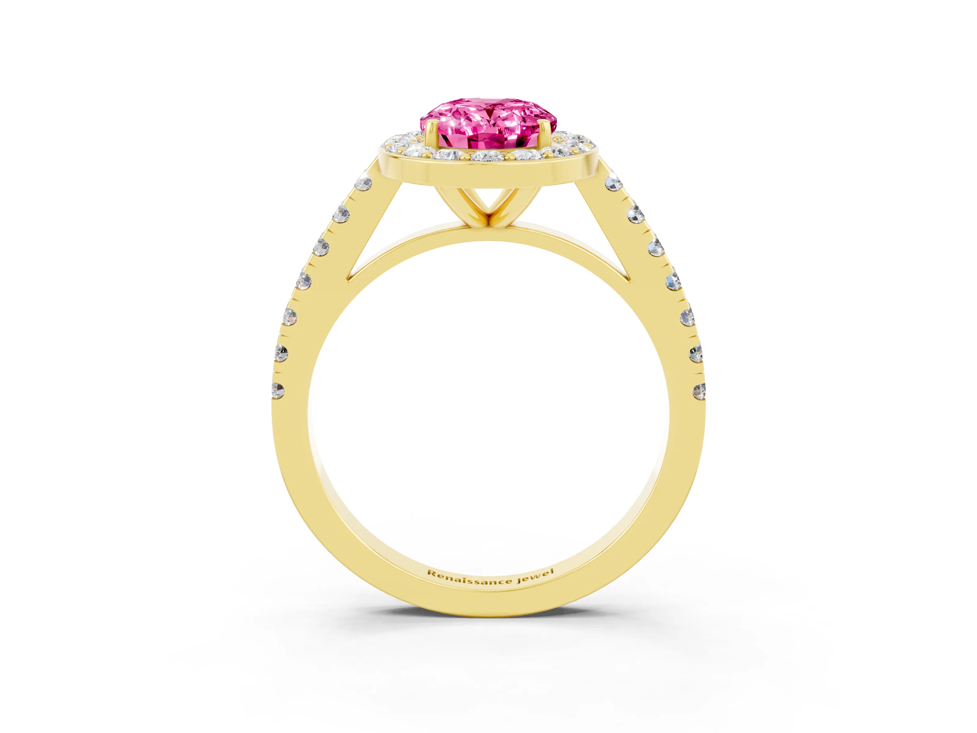 Yellow gold Oval Cut Halo Diamond Ring with Pavé Band and Three-Prong Setting_3