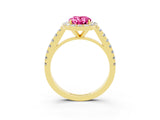 Yellow gold Oval Cut Halo Diamond Ring with Pavé Band and Three-Prong Setting_3
