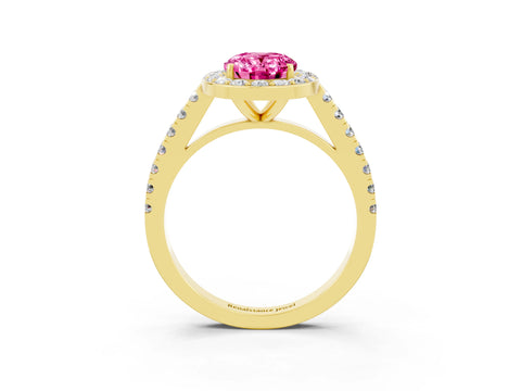 Yellow gold Oval Cut Halo Diamond Ring with Pavé Band and Three-Prong Setting_3