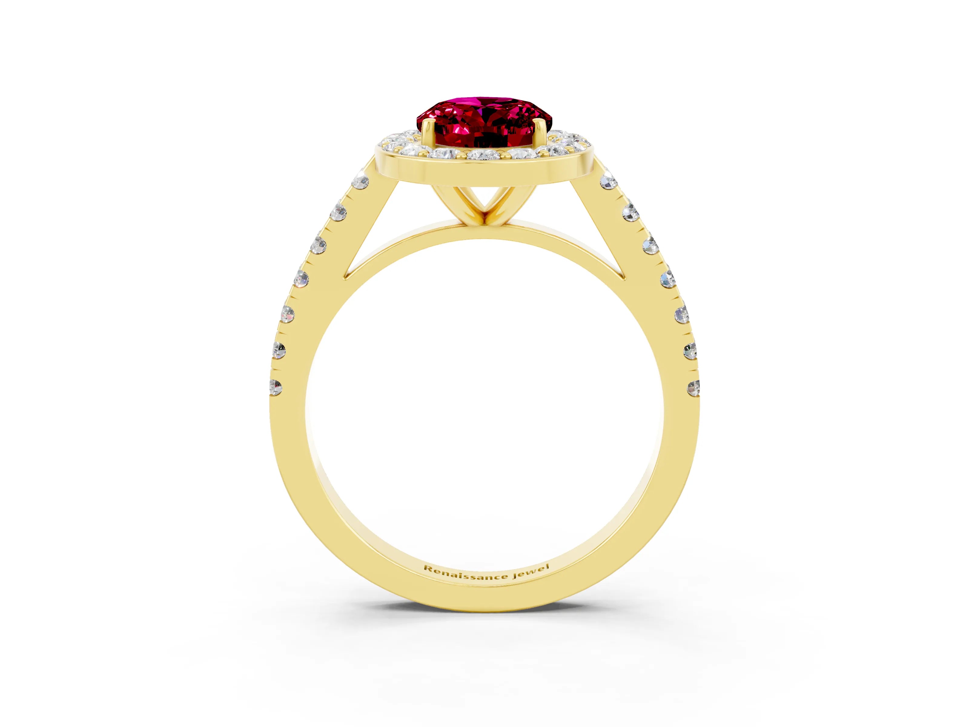 Yellow gold Oval Cut Halo Diamond Ring with Pavé Band and Three-Prong Setting_3