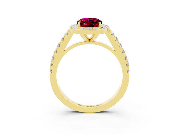 Yellow gold Oval Cut Garnet Halo Ring with Round Pavé Split Shank and Prong Setting