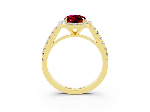 Yellow gold Oval Cut Halo Diamond Ring with Pavé Band and Three-Prong Setting_3