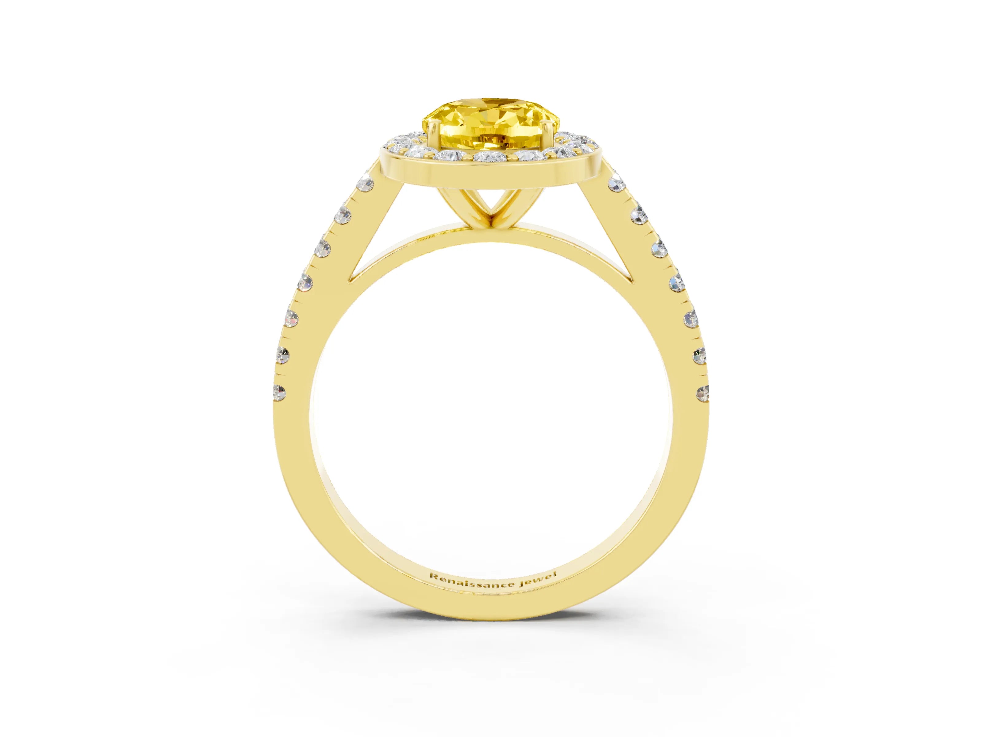 Yellow gold Oval Cut Halo Diamond Ring with Pavé Band and Three-Prong Setting_3
