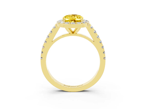 Yellow gold Oval Cut Yellow Sapphire Halo Ring with Round Pavé Split Shank and Prong Setting