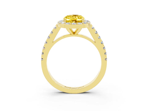 Yellow gold Oval Cut Halo Diamond Ring with Pavé Band and Three-Prong Setting_3