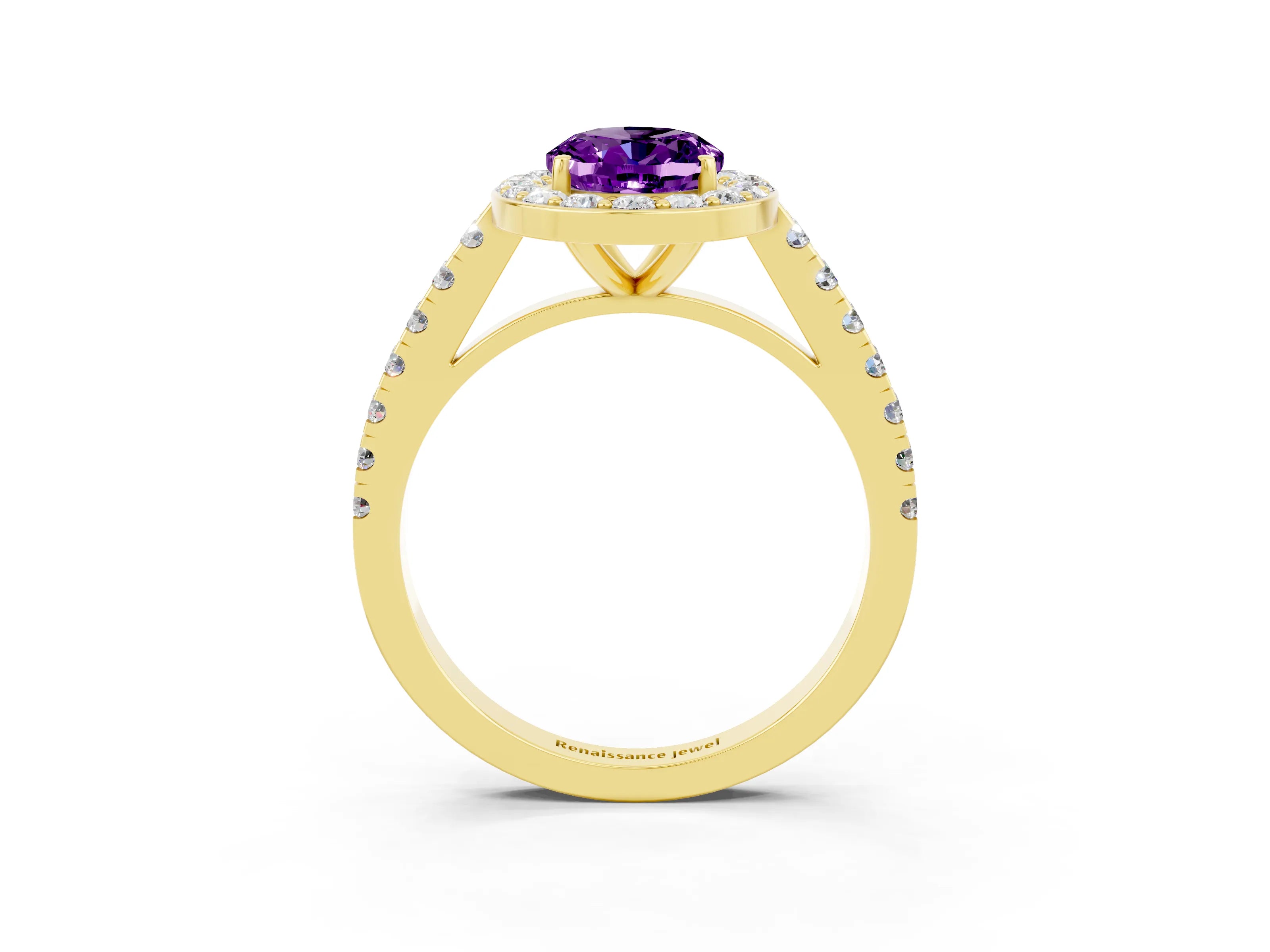 Yellow gold Oval Cut Halo Diamond Ring with Pavé Band and Three-Prong Setting_3
