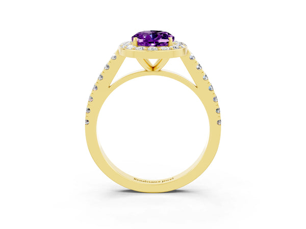 Yellow gold Oval Cut Amethyst Halo Ring with Round Pavé Split Shank and Prong Setting