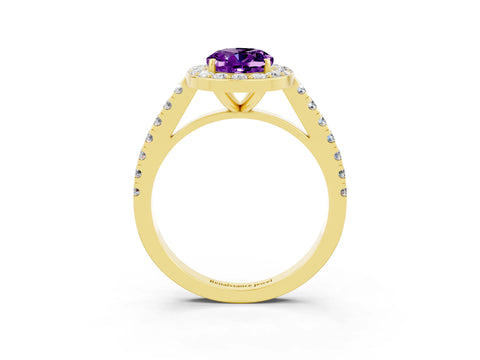 Yellow gold Oval Cut Halo Diamond Ring with Pavé Band and Three-Prong Setting_3