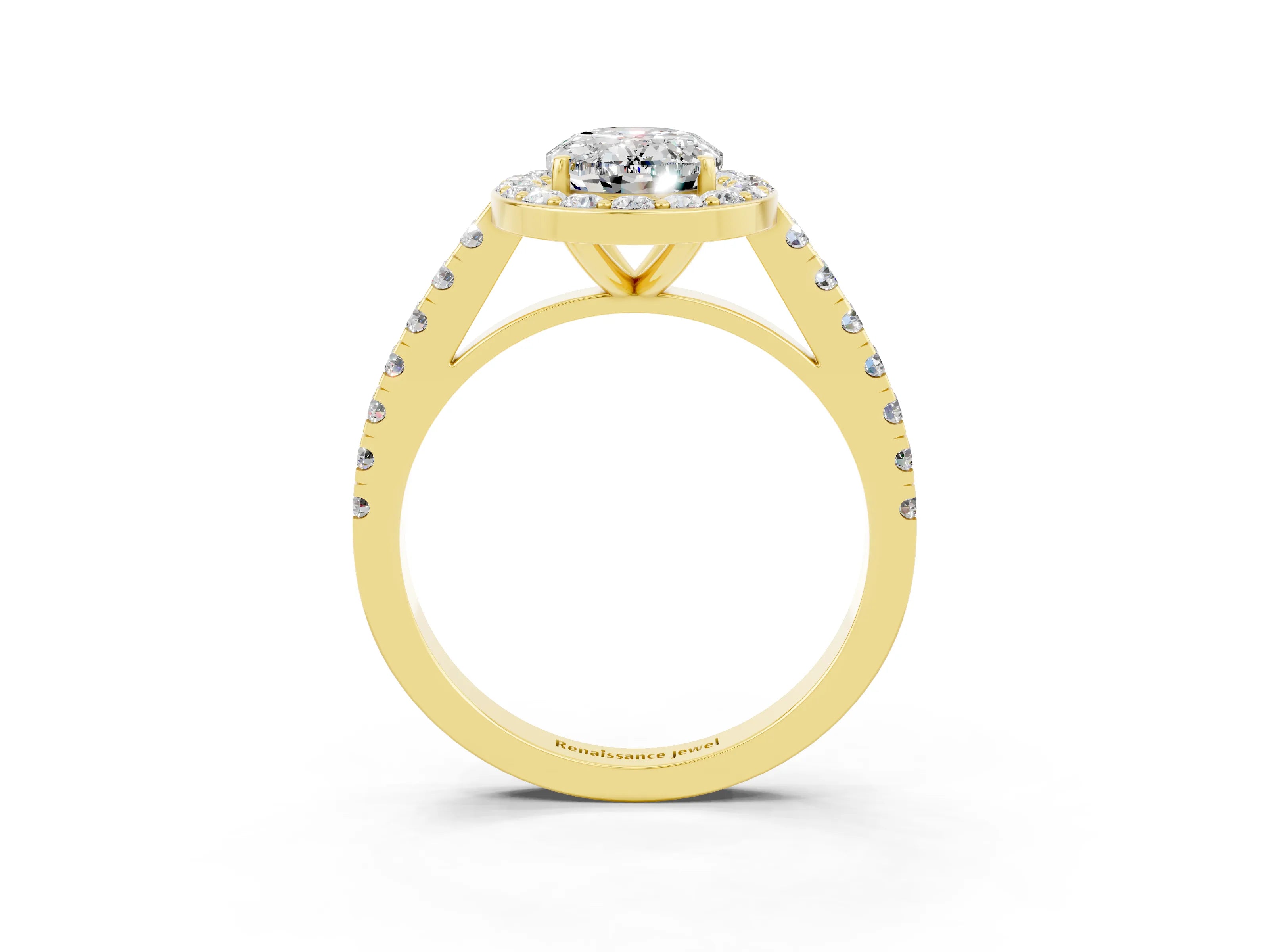 Yellow gold Oval Cut Halo Diamond Ring with Pavé Band and Three-Prong Setting_3